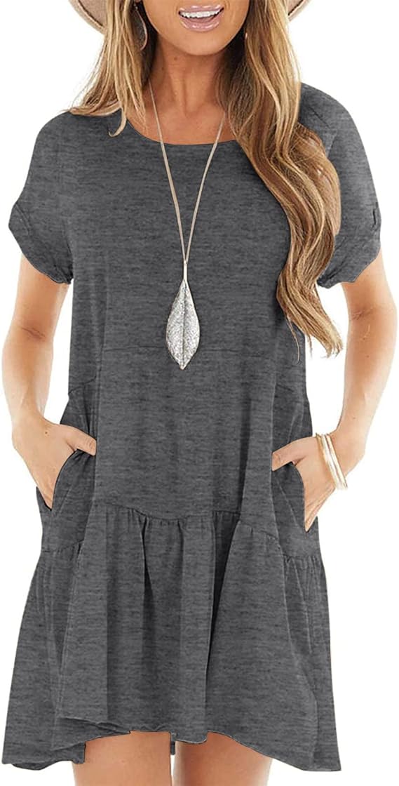 Women's Summer Short Sleeve Crew Neck T Shirt Dress Casual Loose Swing Dress with Pocket