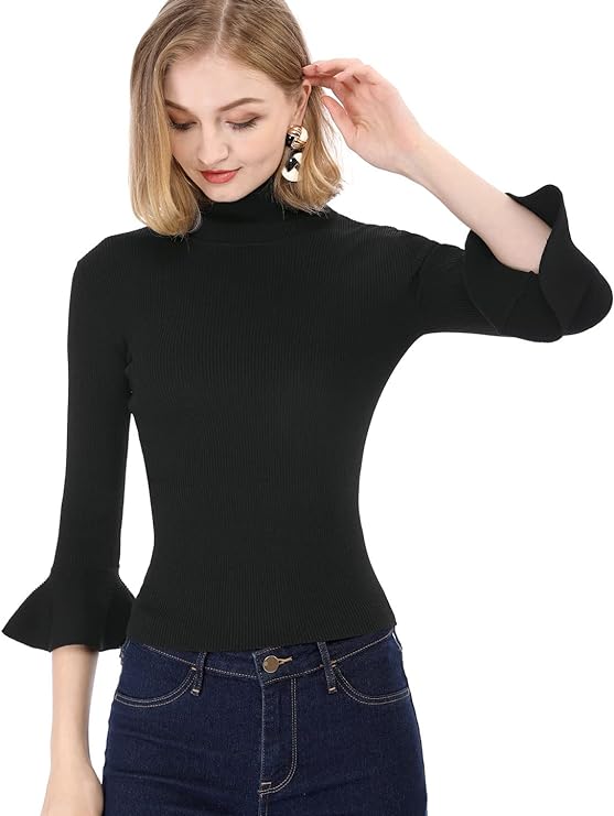 Women's Ruffle Sleeves Pullover Turtleneck Stretchy Knit Sweater Slim Fit Shirt