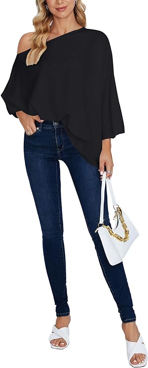 Women's Casual Off Shoulder Batwing Short Sleeve Solid Loose Shirt Blouse Top