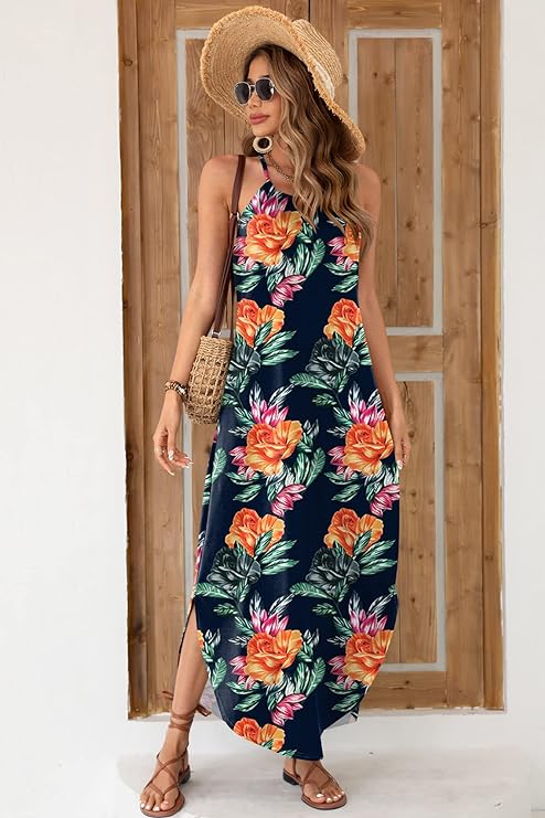 Women's Summer Side Slit Halter Maxi Dress