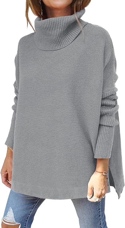Women's Turtleneck Oversized Sweaters 2022 Fall Long Batwing Sleeve Spilt Hem Tunic Pullover Sweater Knit Tops