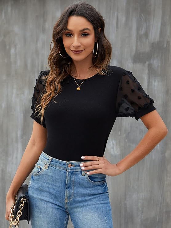 Womens Short Sleeve Blouse Business Casual Dressy Tops Ribbed Summer Stylish Work Shirts