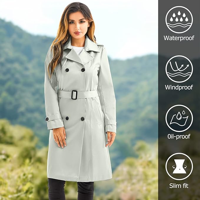 Women's Long Trenchcoat Double Breasted Trench Coat Water Resistant Classic Peacoat with Belt