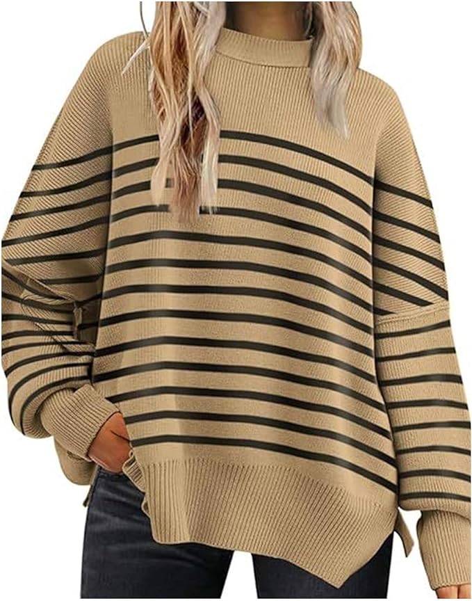 Women's Crewneck Batwing Long Sleeve Sweaters Fall Oversized Ribbed Knit Side Slit Pullover Tops