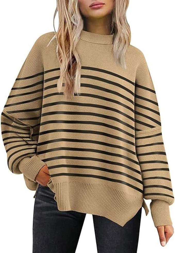 Women's Crewneck Batwing Long Sleeve Sweaters Fall Oversized Ribbed Knit Side Slit Pullover Tops