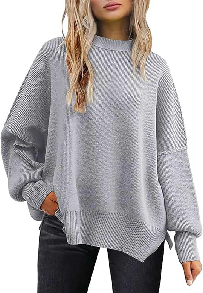 Women's Crewneck Batwing Long Sleeve Sweaters Fall Oversized Ribbed Knit Side Slit Pullover Tops