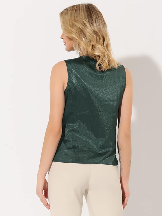 Women's Satin Sleeveless Work Office Pleated Tank Top Blouse