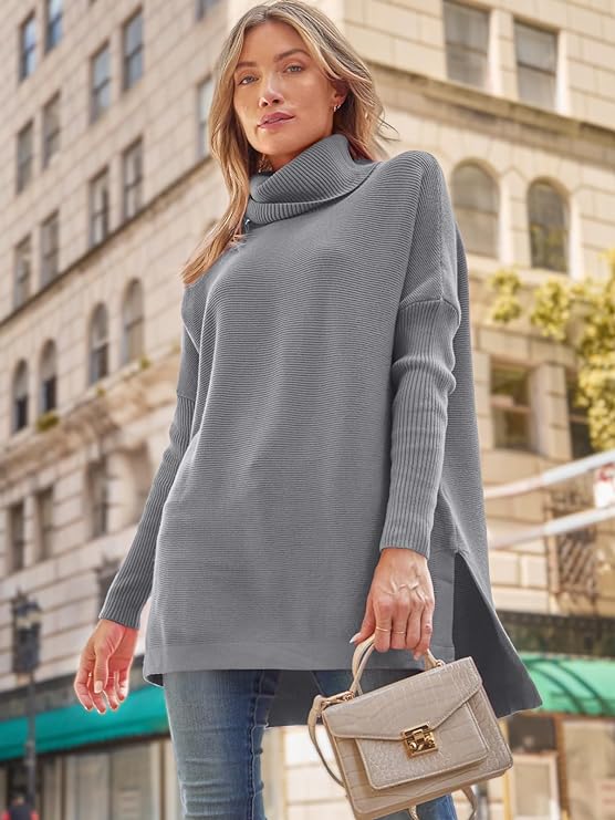 Women's Turtleneck Oversized Sweaters 2022 Fall Long Batwing Sleeve Spilt Hem Tunic Pullover Sweater Knit Tops