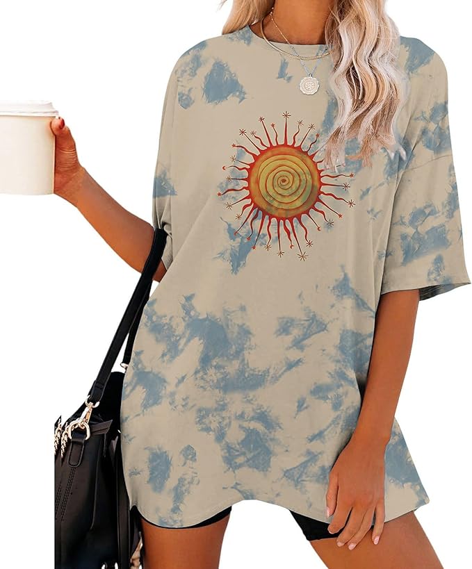 Women's Sun Graphic Print Tie Dye Shirts Oversized Tee Short Sleeve Casual Loose T Shirt