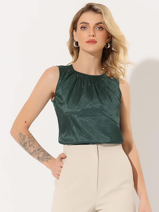 Women's Satin Sleeveless Work Office Pleated Tank Top Blouse
