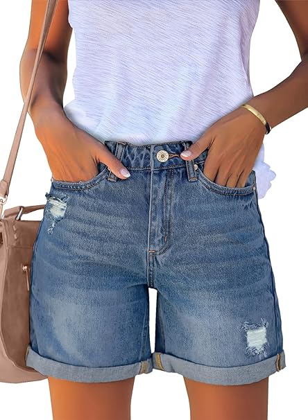 Women's Casual Ripped Denim Shorts High Rise Distressed Rolled Hem Jeans Shorts