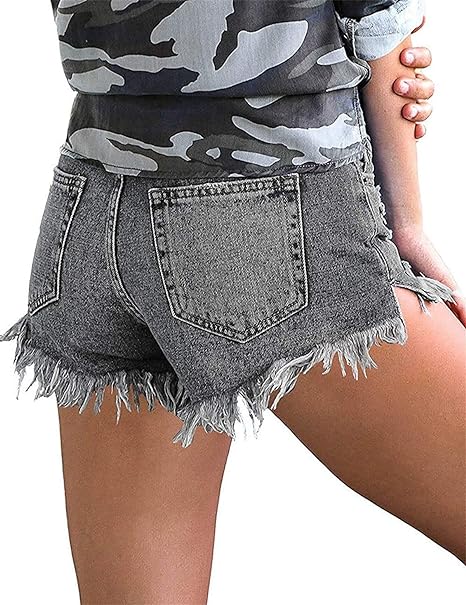 Frayed Denim Shorts for Women Mid Rise Jean Shorts Ripped Raw Hem Comfy