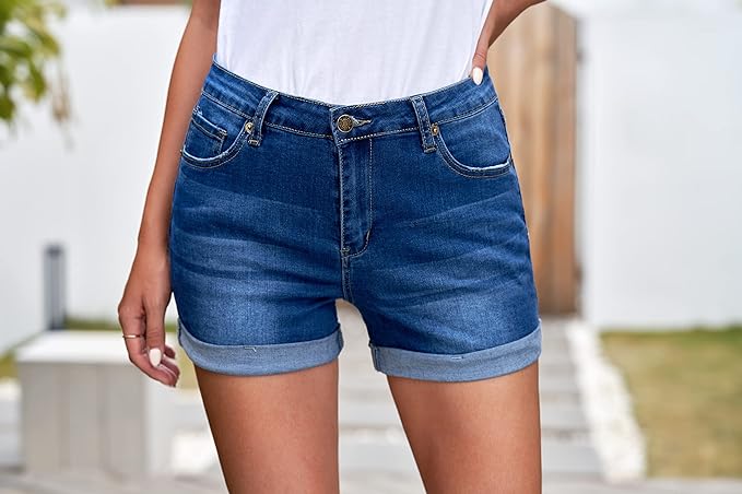 Women's High Waisted Rolled Hem Distressed Jeans Ripped Denim Shorts