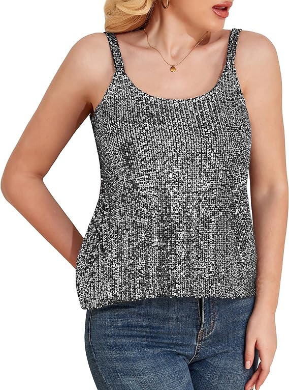 Women's Sparkle Sequin Tank Tops Sparkly Camisole Glitter Party Shirts Flowy Vest Dressy Tops