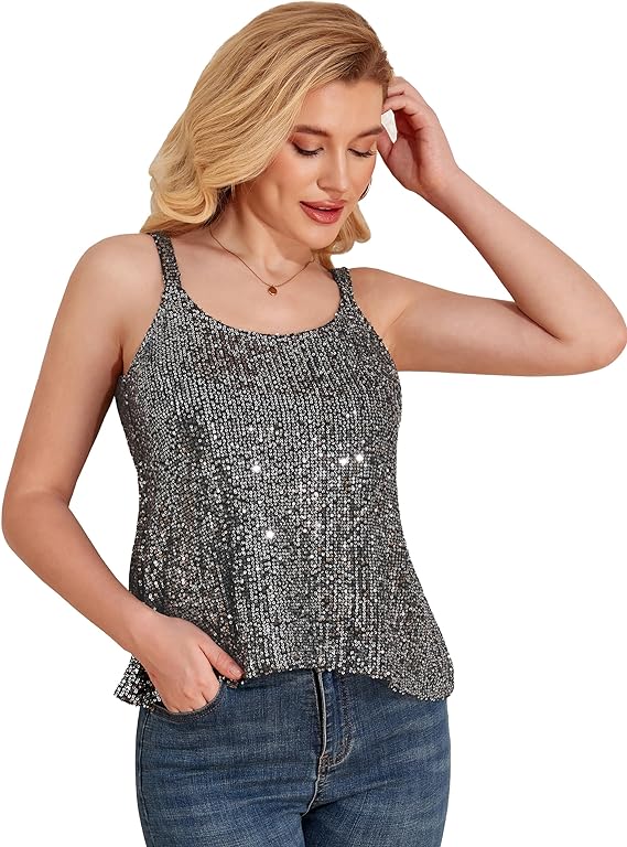 Women's Sparkle Sequin Tank Tops Sparkly Camisole Glitter Party Shirts Flowy Vest Dressy Tops