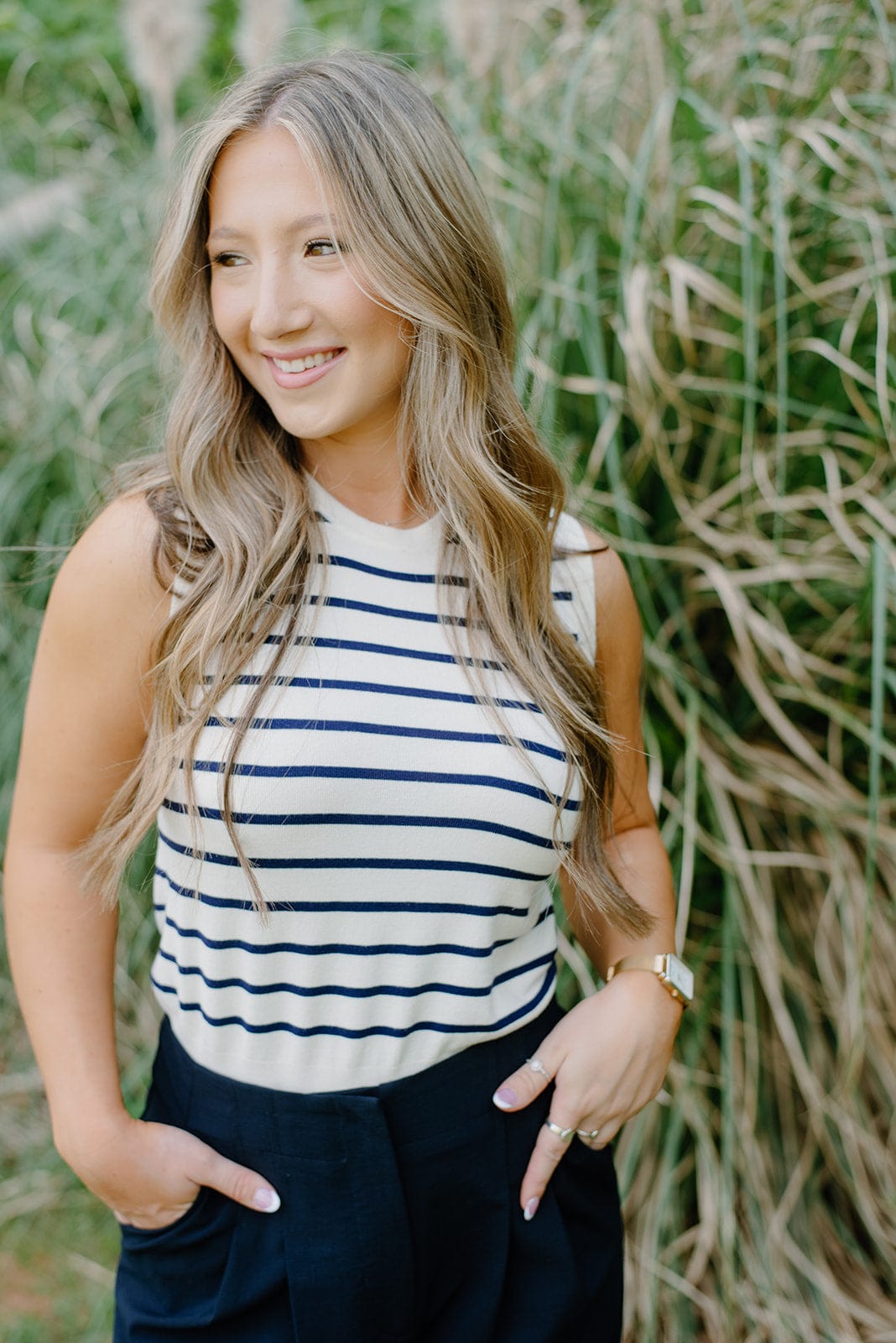 Navy Striped Sleeveless Knit Top