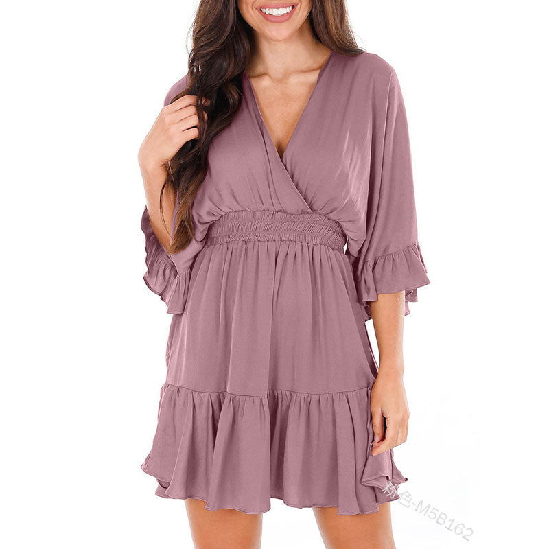 V Neck Loose High Waist Ruffle PleatedMini Dress