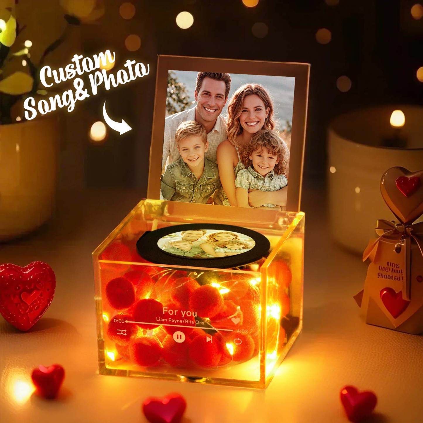 Mini reproductor de discos de vinilo con foto personalizada y luz Caja de acrílico de música personalizada Regalo para la familia