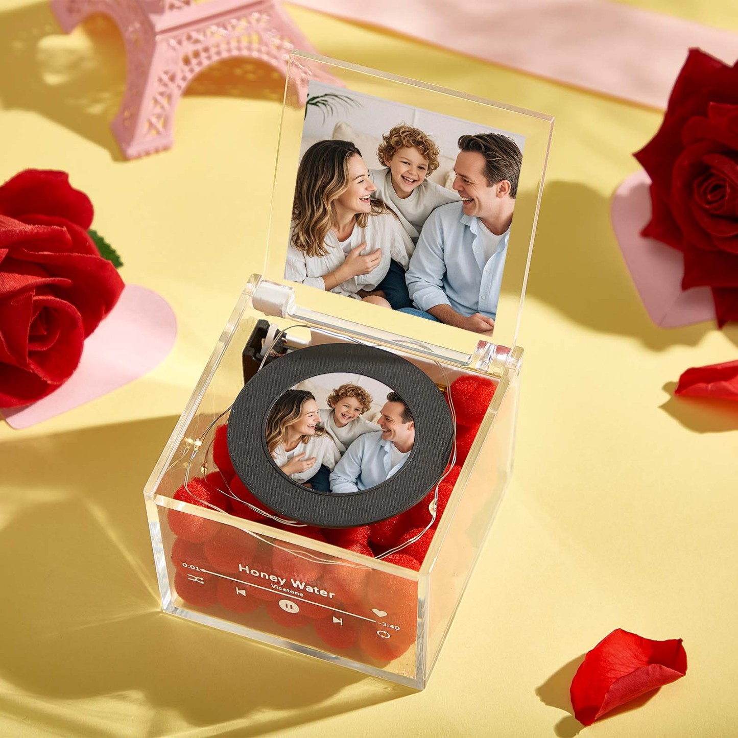 Mini reproductor de discos de vinilo con foto personalizada y luz Caja de acrílico de música personalizada Regalo para la familia