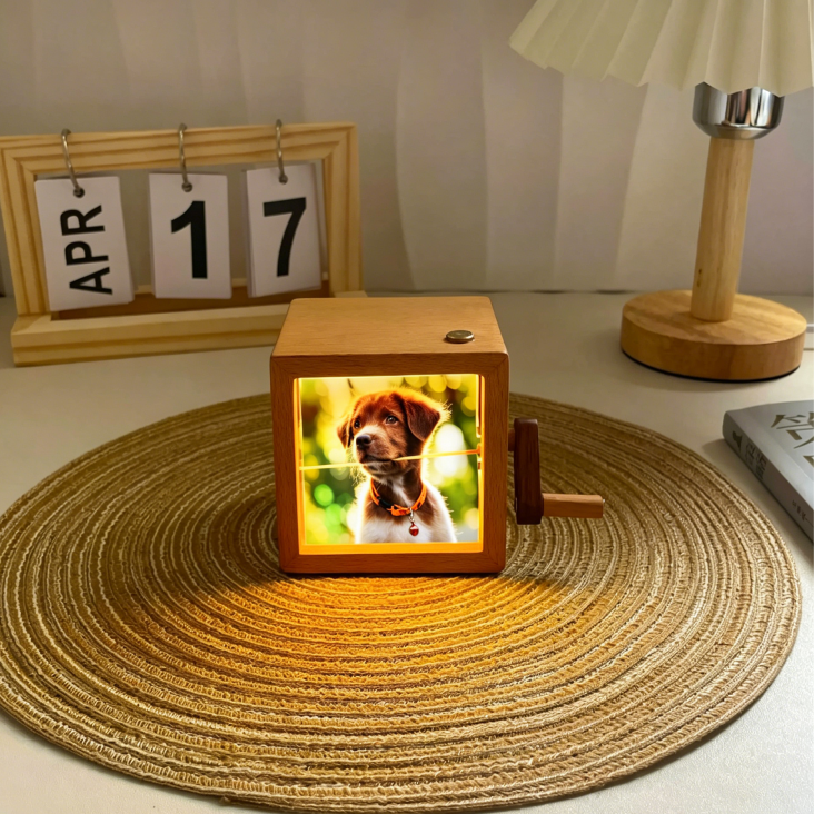 Foto De Mascota Personalizada, Caja De Libro Plegable Con Manivela, Máquina De Animación, Álbum De Fotos Mecánico Con Manivela Y Marco De Cubo De Nogal Negro Claro