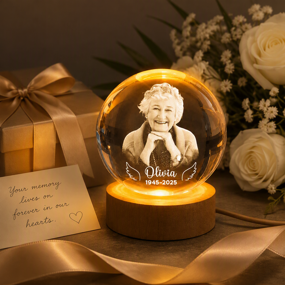 Luz Nocturna LED Con Forma De Bola De Cristal Y Alas De ángel Personalizadas, Regalo Conmemorativo Personalizado Con Foto Para La Familia, Recuerdo Para Siempre. - mymoonlampes