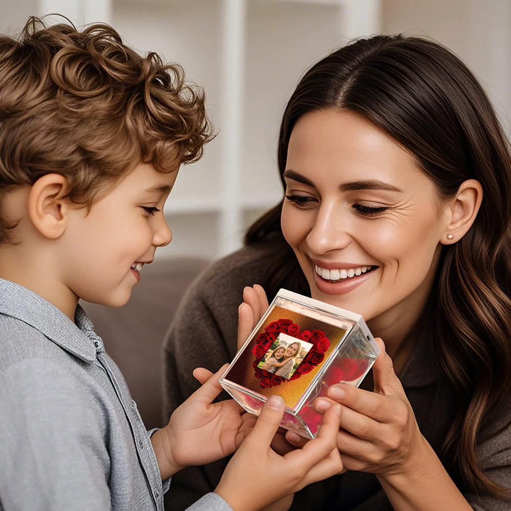 Mini Tocadiscos De Vinilo Personalizado Con Foto Grabada En Forma De Flor De Corazón Rojo, Regalo Para El Día De La Madre Para Mamá - mymoonlampes