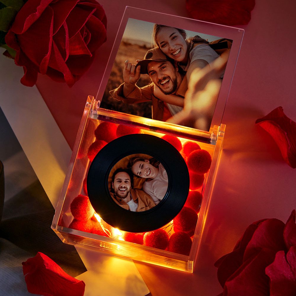 Mini Tocadiscos De Vinilo Para El Día De San Valentín Con Foto Personalizada Y Caja Acrílica De Música Personalizada Con Luz - mymoonlampes