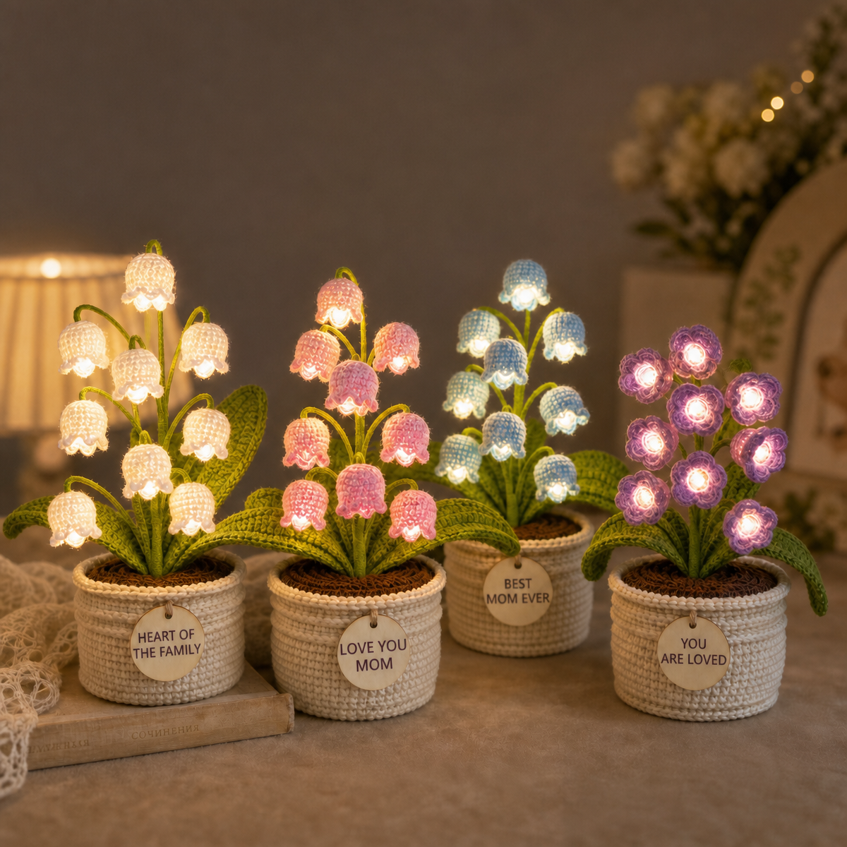 Rosa/lirio Del Valle De Ganchillo, Romántica Luz Nocturna LED, Flor De Punto Brillante Para Ella. - mymoonlampes