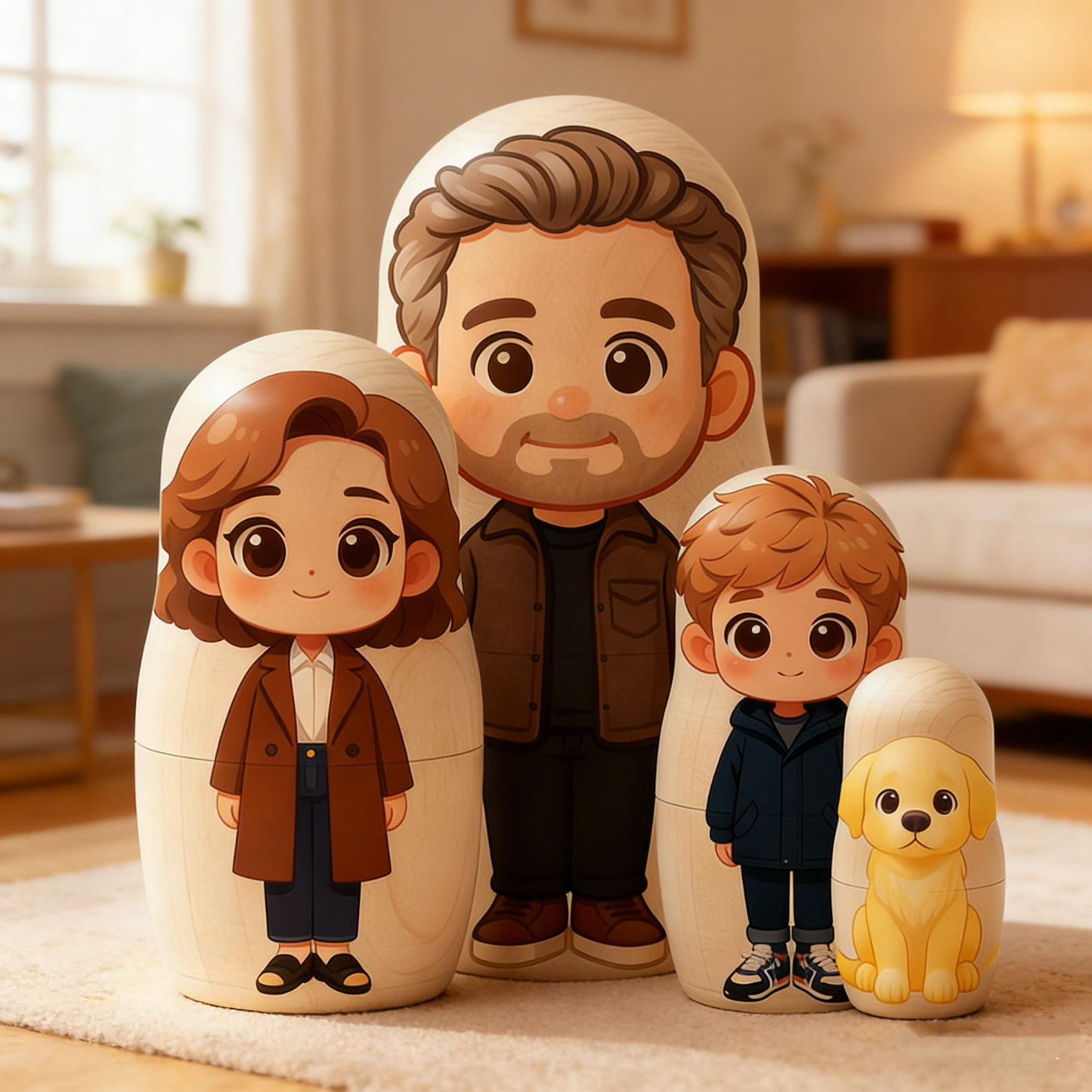 Retrato de muñeca rusa personalizado con foto, retrato familiar personalizado de matrioska, estilo caricatura, regalo de recuerdo único.