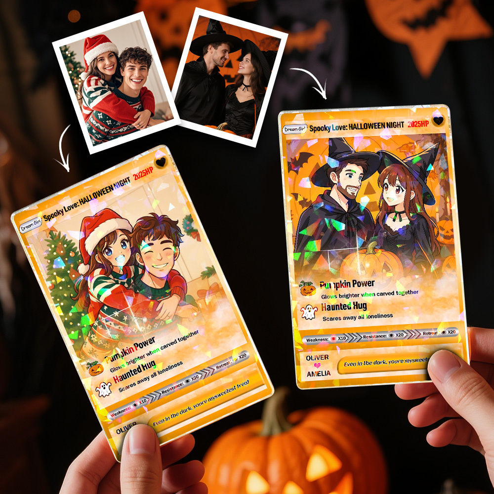 Tarjeta Personalizada De Pareja Para Halloween Y Navidad: Tarjeta Coleccionable De Dibujos Animados Personalizada Con Foto Y Nombre, Un Regalo Navideño Único Para Él Y Para Ella. - mymoonlampes