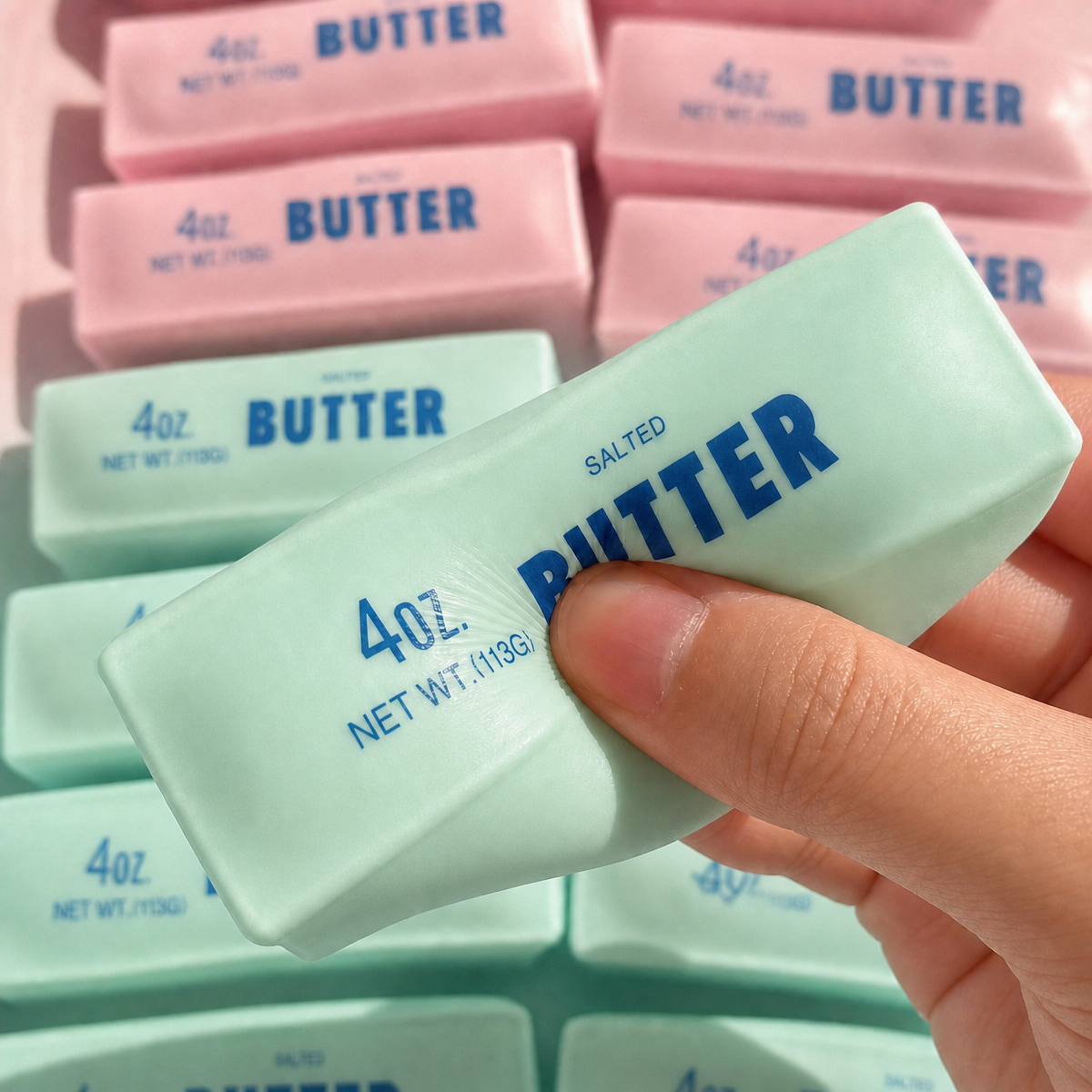Juguete Blando Con Forma De Barra De Mantequilla, Juguete Antiestrés De PU Con Estampado Colorido Y De Crecimiento Lento, Juguete Suave Para Apretar Y Estimular, Juguete Sensorial Con Forma Realista De Mantequilla. - mymoonlampes