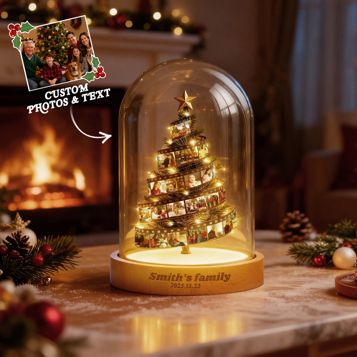 Película Fotográfica Personalizada Con Luz Nocturna De Árbol De Navidad, Recuerdo Familiar Personalizado Con Base Grabada, Regalo De Navidad - mymoonlampes