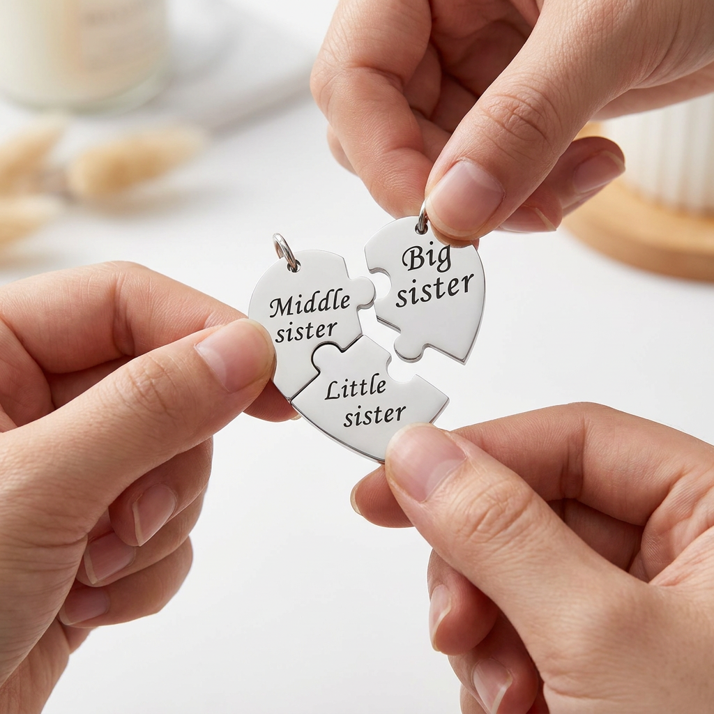 Juego De Llaveros Personalizados De Acero Inoxidable Con Forma De Corazón Y Rompecabezas: Regalo De Vínculo Familiar Grabado Para Hermana Mayor, Hermana Mediana Y Hermana Pequeña - mymoonlampes