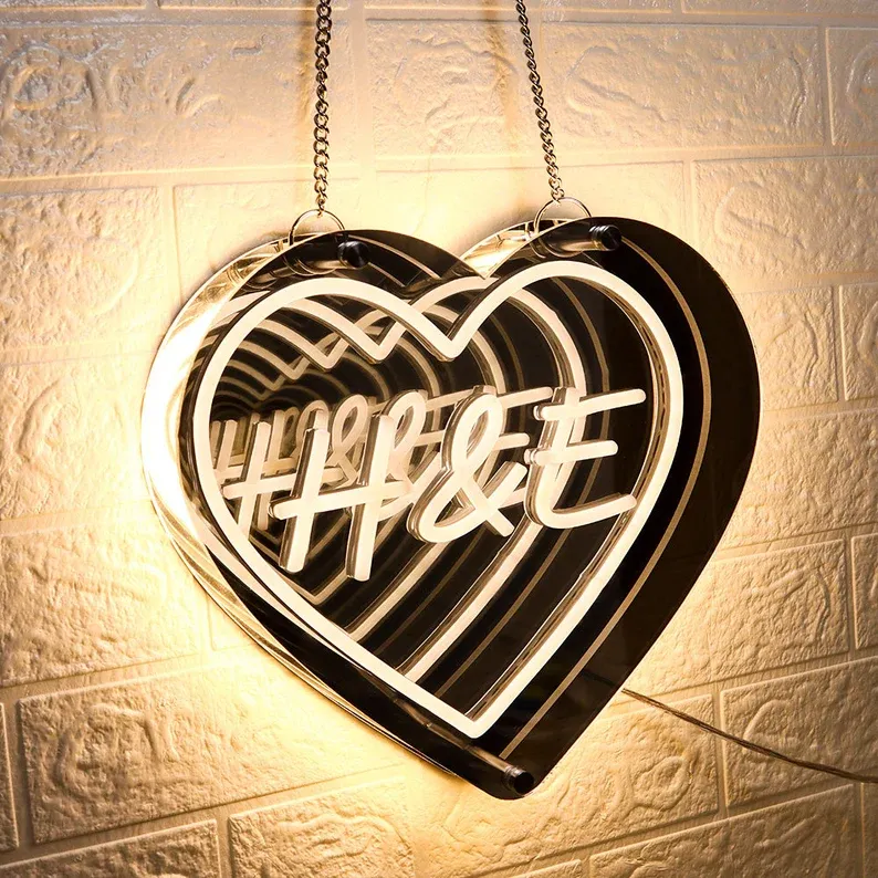 Espejo De Neón Infinito Personalizado, Letrero De Neón Con Espejo Led, Arte De Luz De Boda Con Espejo De Neón, Letrero De Corazón Con Iniciales Personalizadas, Regalo De Boda Para Ella - mymoonlampes