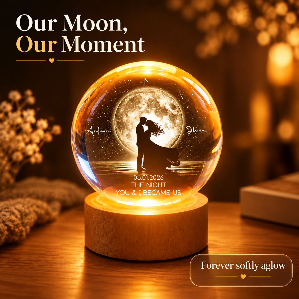 Pareja En Fase Lunar Besándose Bajo La Luz De La Luna – Luz Nocturna LED Con Bola De Cristal Personalizada – Regalo De Recuerdo Romántico Para Esposo, Esposa Y Parejas - mymoonlampes