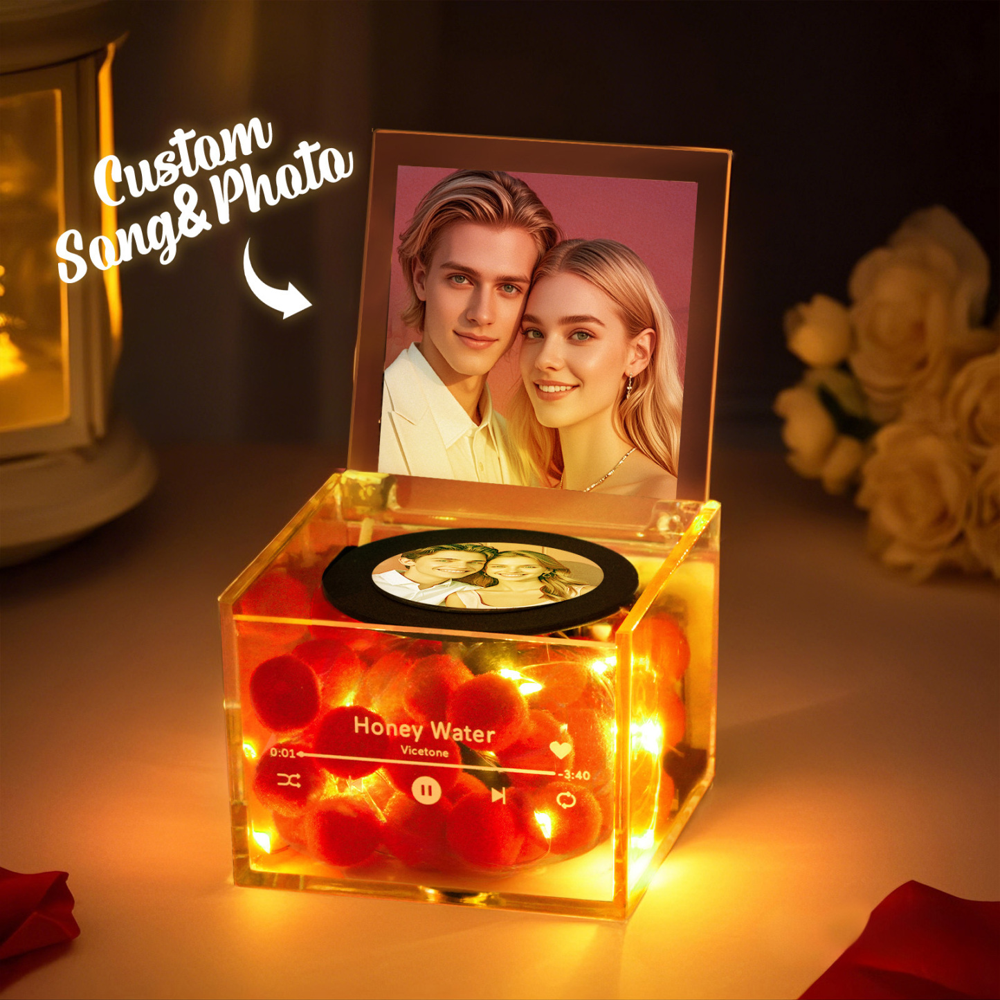 Mini Tocadiscos De Vinilo Para El Día De San Valentín Con Foto Personalizada Y Caja Acrílica De Música Personalizada Con Luz - mymoonlampes