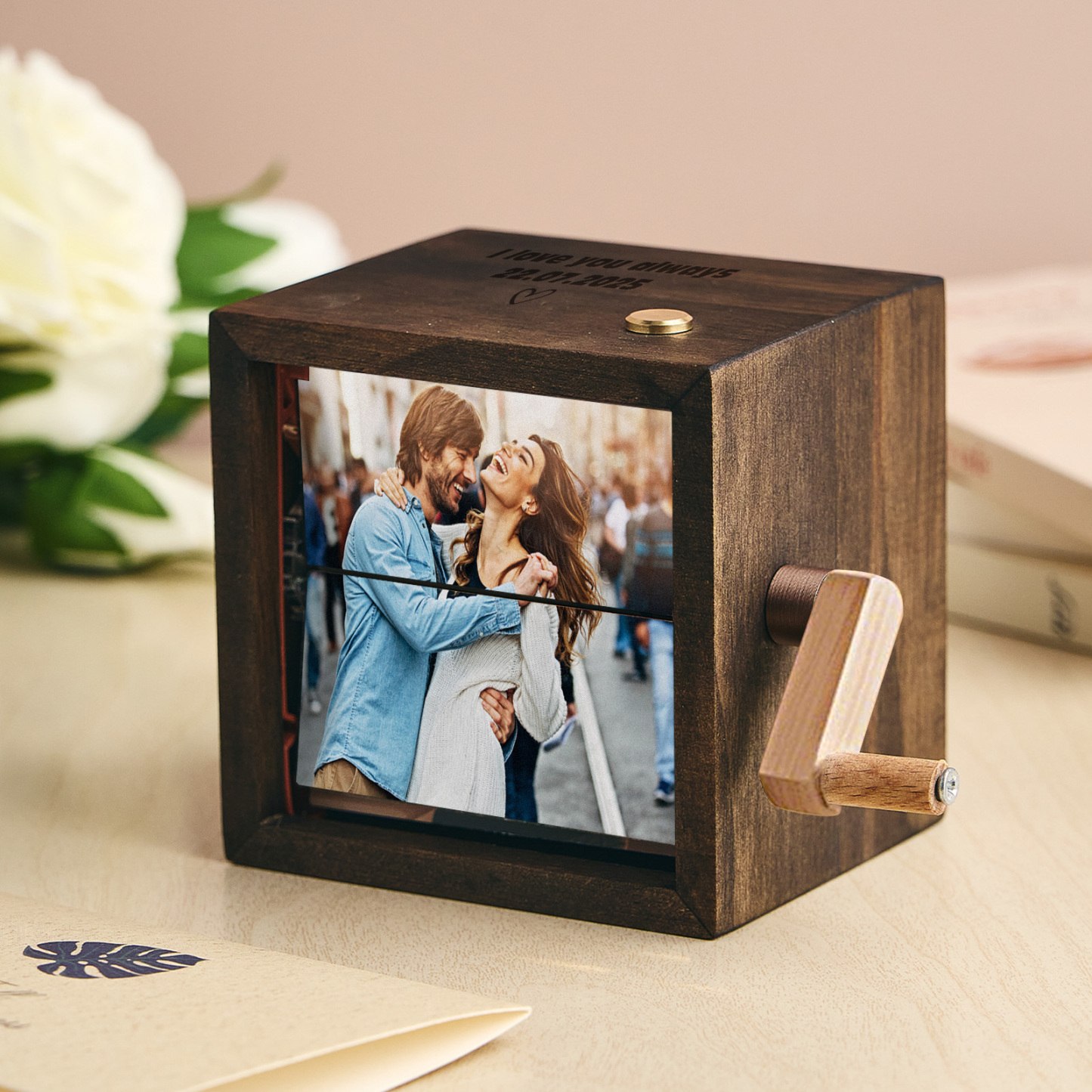 Caja De Libro Plegable Con Manivela Personalizada, Máquina De Animación, Álbum De Fotos Mecánico Con Manivela Y Marco De Cubo De Fotos Para Bebé De Nogal Negro Claro, Regalo para el Día de la Madre
