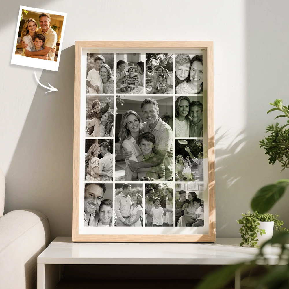 Marco De Collage De Fotos Familiares Personalizado En Blanco Y Negro/a Todo Color. Arte De Pared Con Varias Imágenes. - mymoonlampes