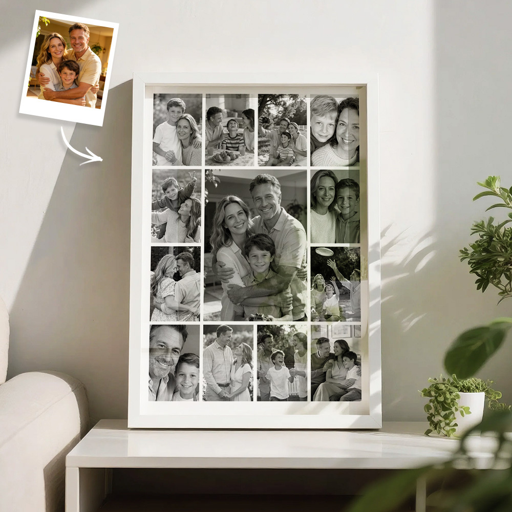 Marco De Collage De Fotos Familiares Personalizado En Blanco Y Negro/a Todo Color. Arte De Pared Con Varias Imágenes. - mymoonlampes
