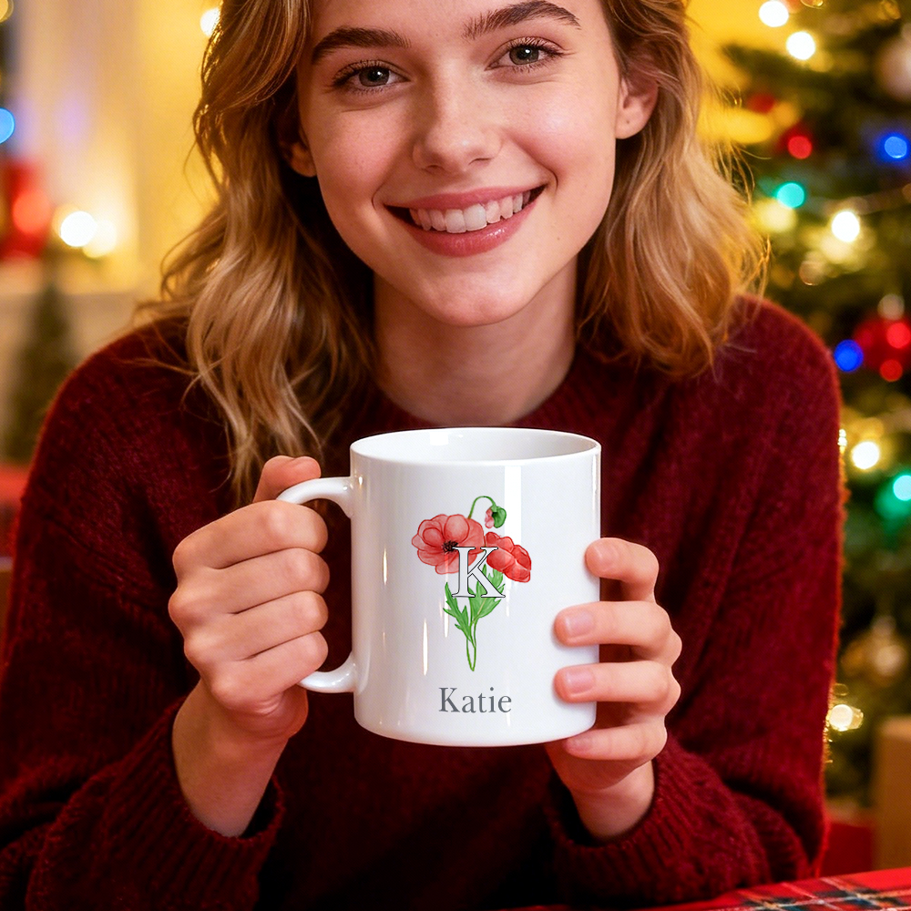 Taza De Cerámica Personalizada Con Nombre Y Flor De Cumpleaños, Regalo De Navidad, Regalo De Cumpleaños