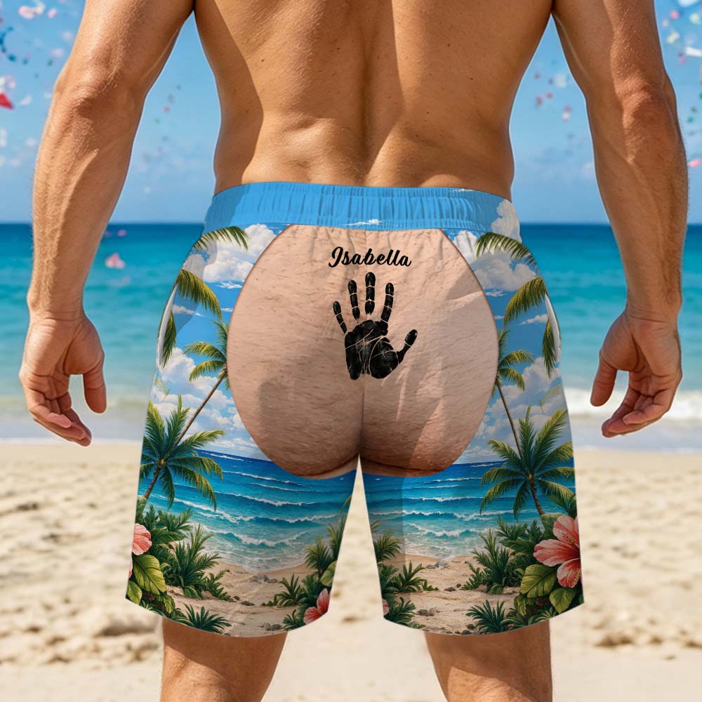Ropa De Playa Personalizada Para Hombre: Bañador Corto Con Huella De Mano Y Nombre Personalizado En Llamativos Estampados Veraniegos (sin Marca).