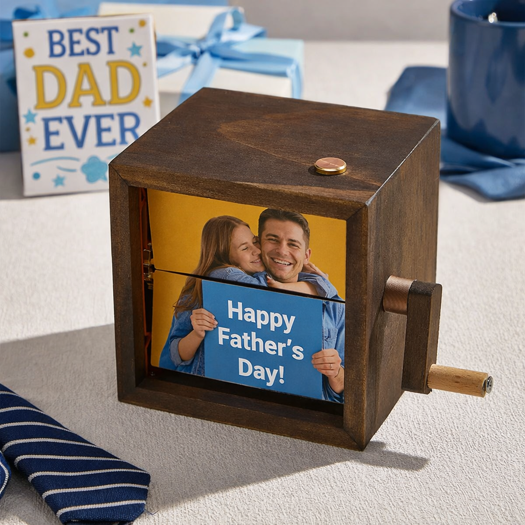 Caja De Libro Plegable Con Manivela Personalizada, Máquina De Animación, Álbum De Fotos Mecánico Con Manivela Y Marco De Cubo De Fotos Para Bebé De Nogal Negro Claro, Regalo Para El Día Del Padre