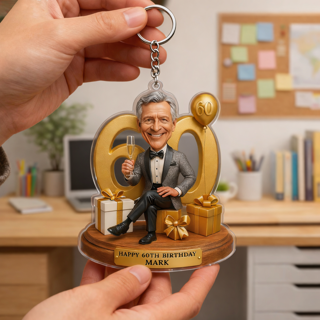 Regalos De Navidad Foto Personalizada Hombres Caricatura Retrato 60.o Regalo De Cumpleaños Llavero Acrílico Aspecto 3d Impresión 2d