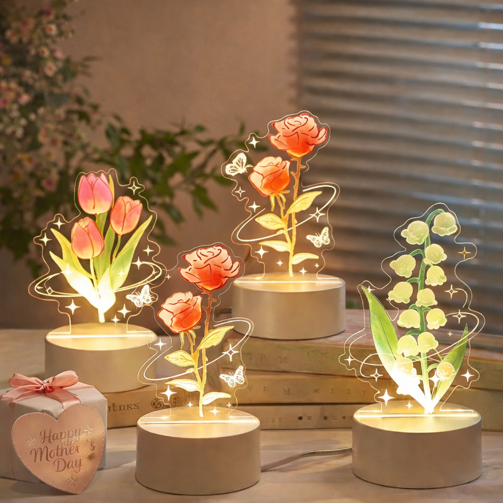 Lámpara De Noche Led Personalizada Con Forma De Rosa Eterna, Tulipán Y Lirio Del Valle – Regalo Personalizado Para El Día De La Madre. - mymoonlampes