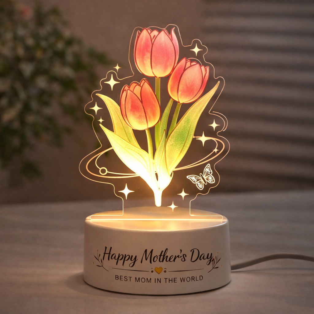 Lámpara De Noche Led Personalizada Con Forma De Rosa Eterna, Tulipán Y Lirio Del Valle – Regalo Personalizado Para El Día De La Madre. - mymoonlampes