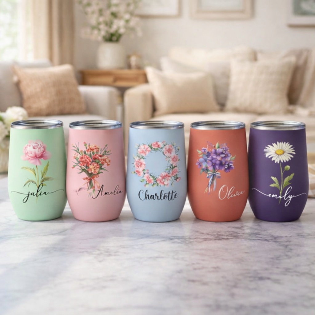 Vaso De Vino Personalizado Con La Flor De Nacimiento Para Ella - Regalo Personalizado Para El Día De La Madre - mymoonlampes