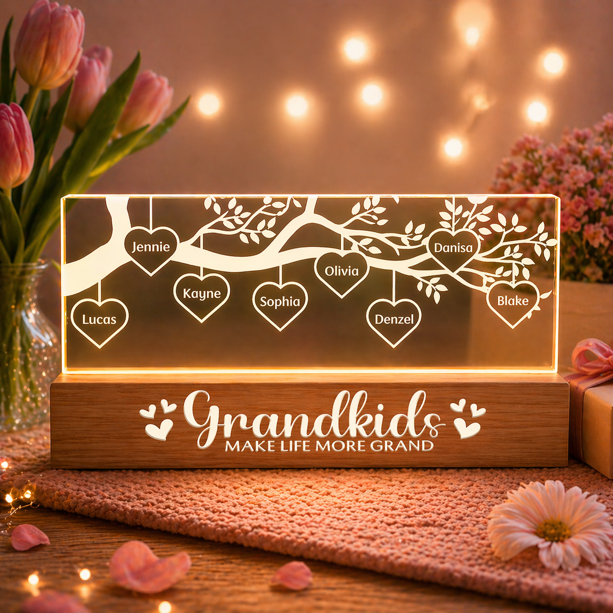 Los Nietos Hacen La Vida Más Grandiosa: Lámpara De Noche Led Acrílica Personalizada - Regalo Para La Abuela Y Mamá. - mymoonlampes
