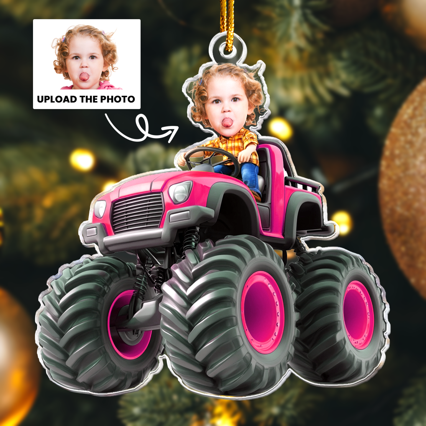 Adorno Fotográfico Acrílico Personalizado Con La Cara De Un Niño Montando Un Camión Monstruo: Regalo De Navidad Para Niños Y Bebés, Recuerdo De Cumpleaños. - mymoonlampes