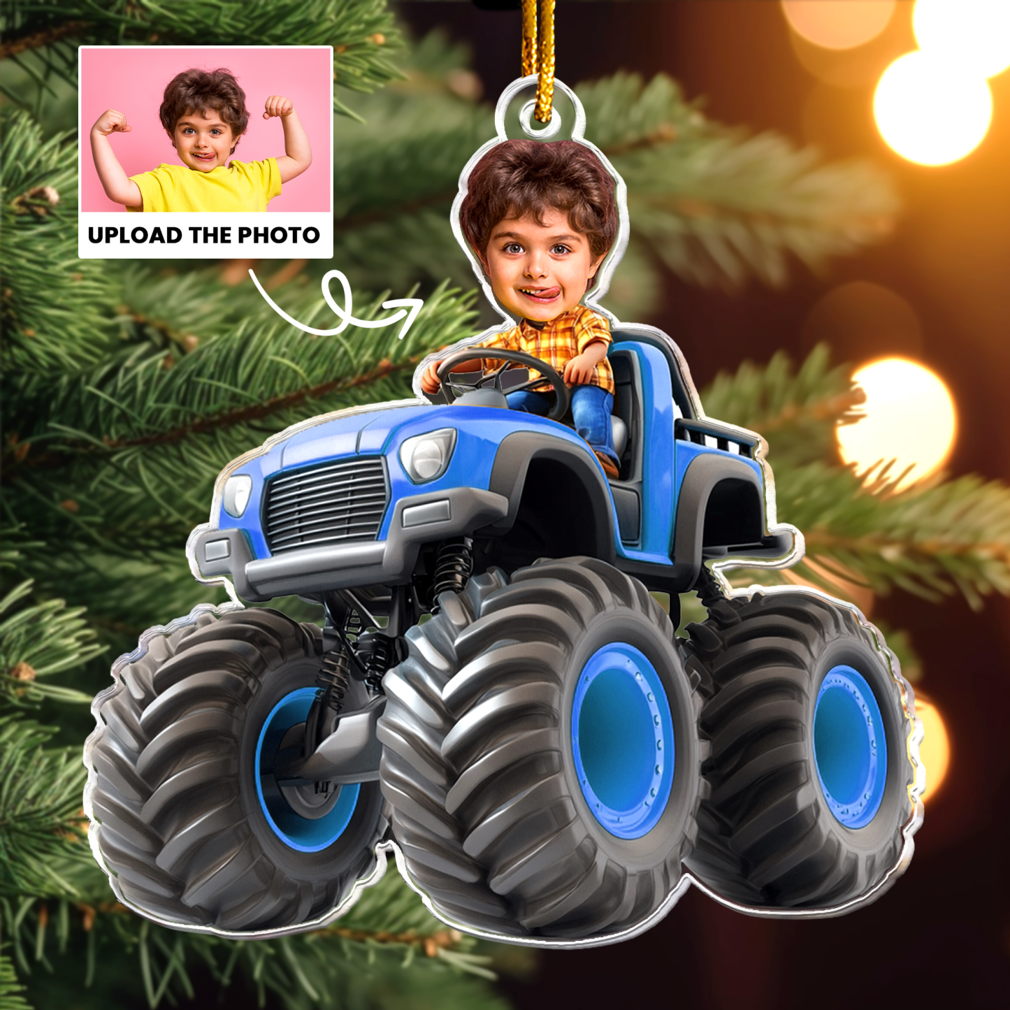 Adorno Fotográfico Acrílico Personalizado Con La Cara De Un Niño Montando Un Camión Monstruo: Regalo De Navidad Para Niños Y Bebés, Recuerdo De Cumpleaños. - mymoonlampes