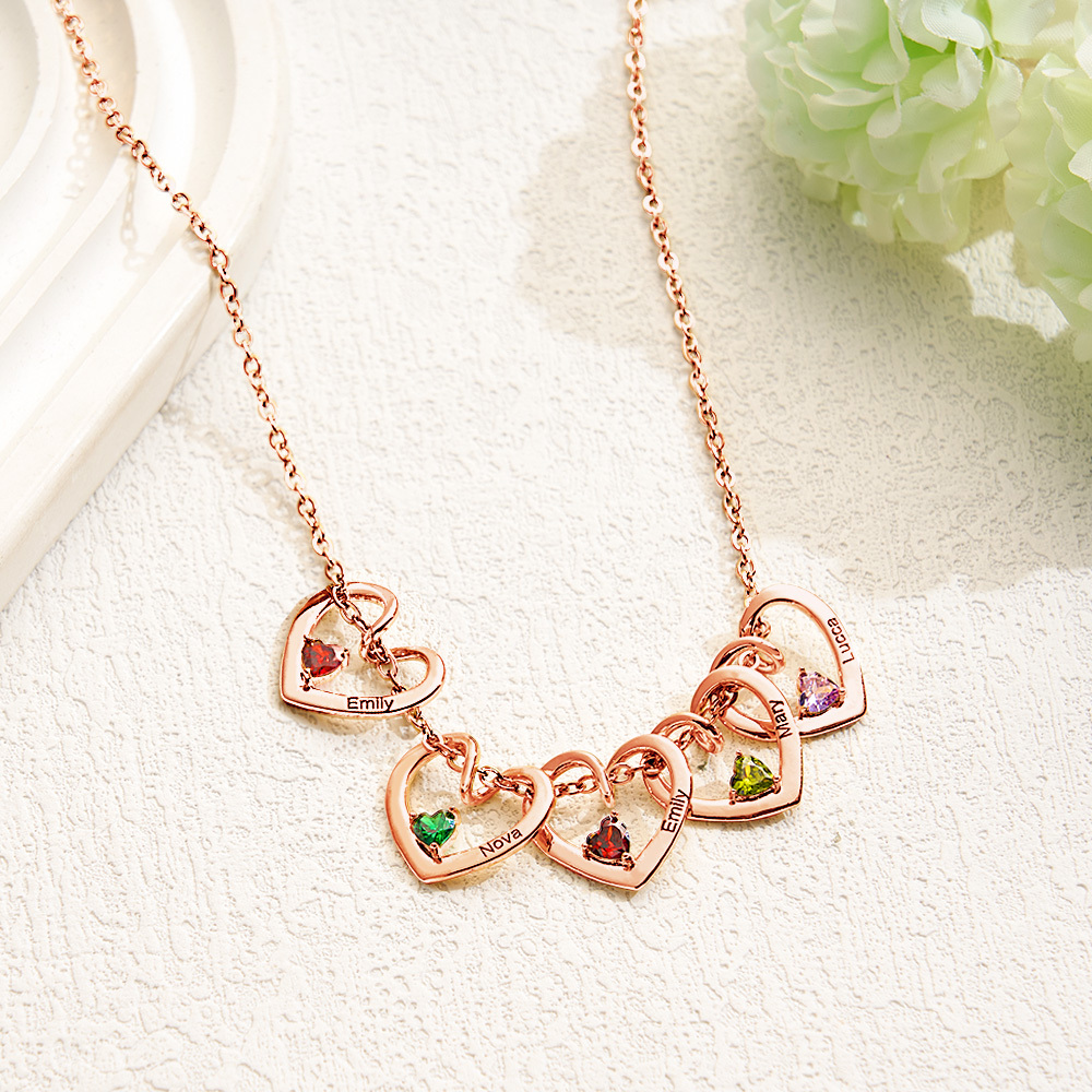 Collar Personalizado Con Nombre Y Piedra De Nacimiento En Forma De Corazón Para Mamá Y Abuela - mymoonlampes